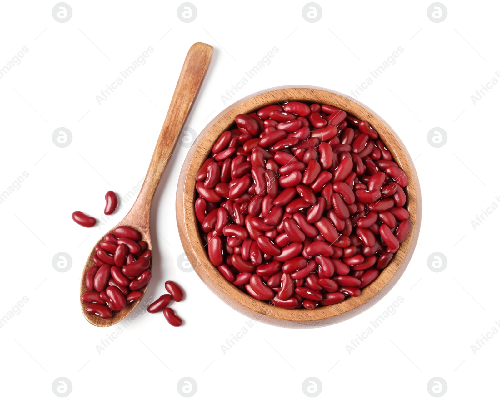 Photo of Raw red kidney beans with wooden bowl and spoon isolated on white, top view