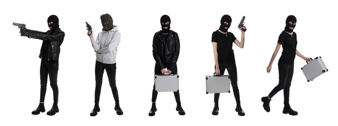 Image of Collage with photos of woman in balaclavas on white background