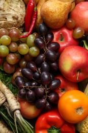 Photo of Different fresh vegetables and fruits as background, closeup. Farmer harvesting