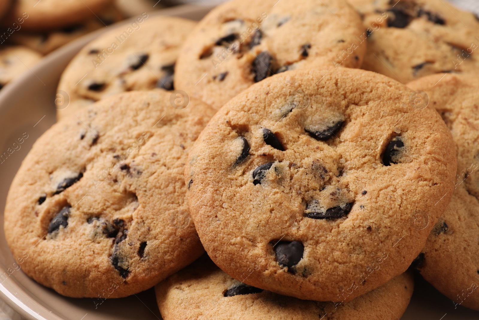 Photo of Delicious chocolate chip cookies on plate, closeup