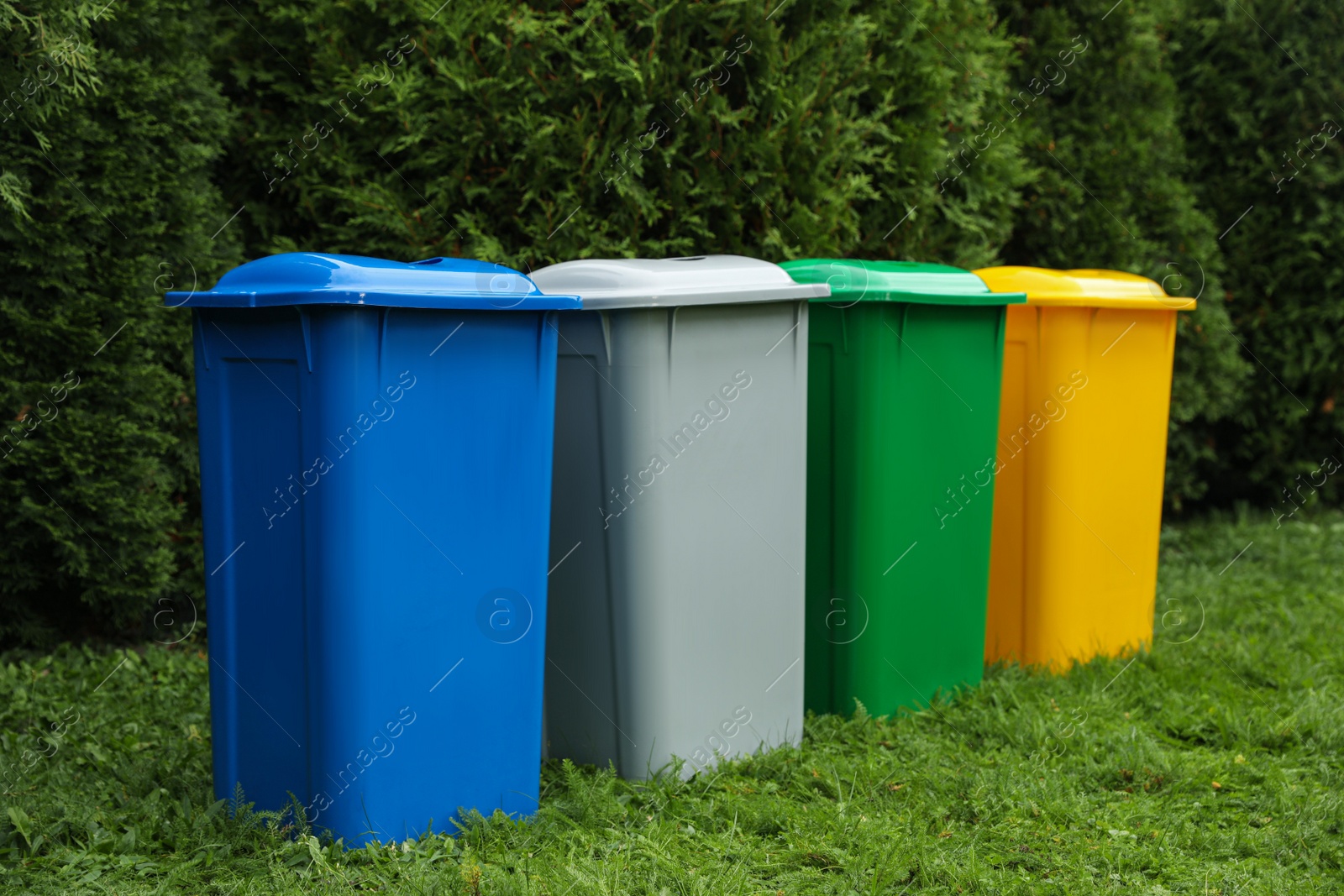 Photo of Many color recycling bins on green grass outdoors