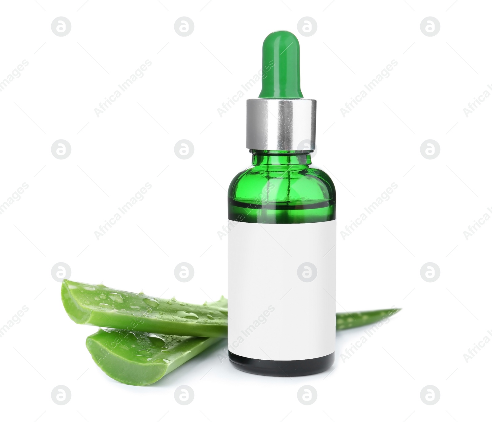 Photo of Bottle with aloe vera extract and fresh leaves on white background