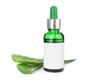 Photo of Bottle with aloe vera extract and fresh leaves on white background