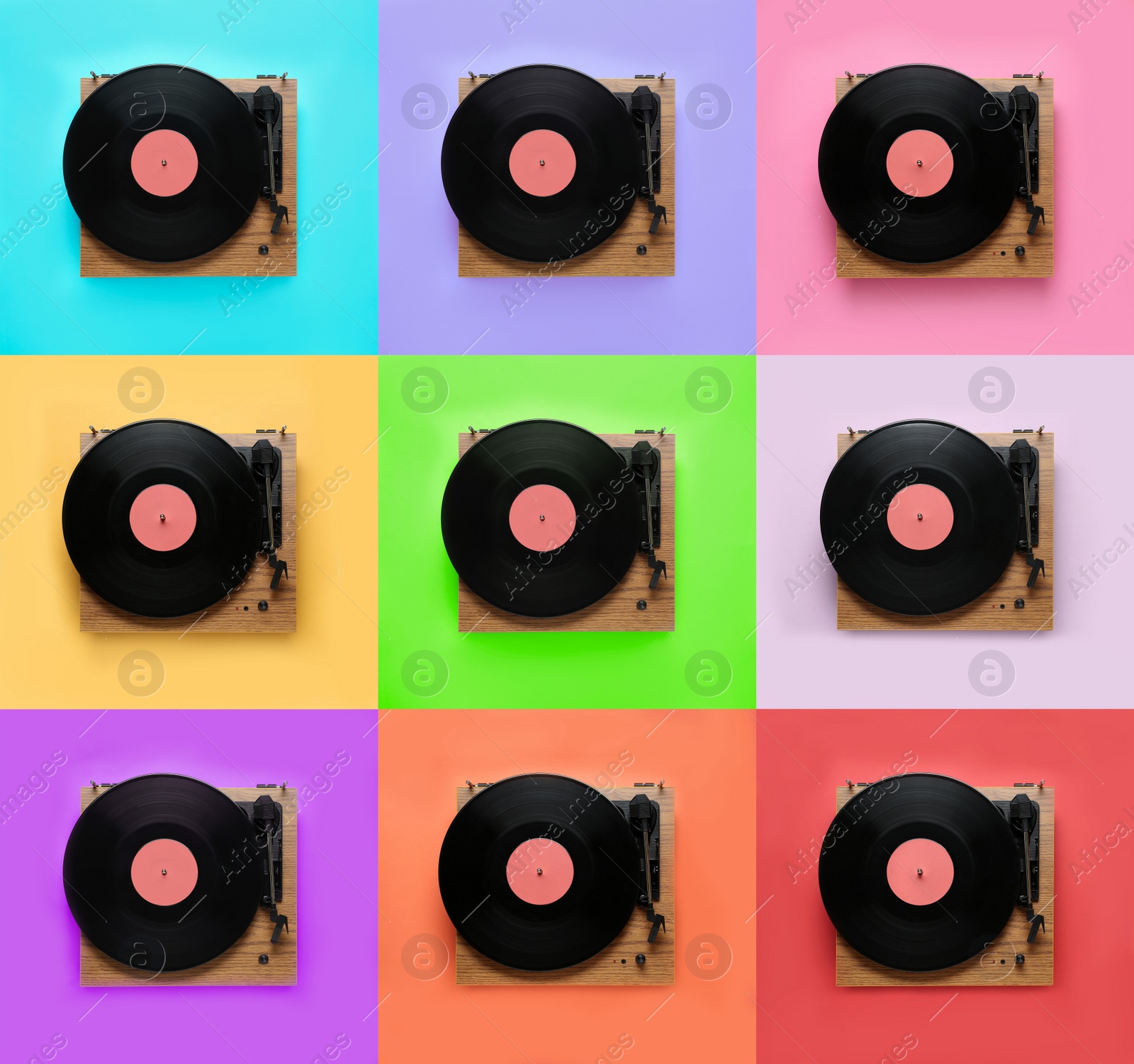 Image of Collage of turntables with vinyl records on different color backgrounds, top view