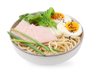 Photo of Bowl of delicious ramen with meat isolated on white. Noodle soup