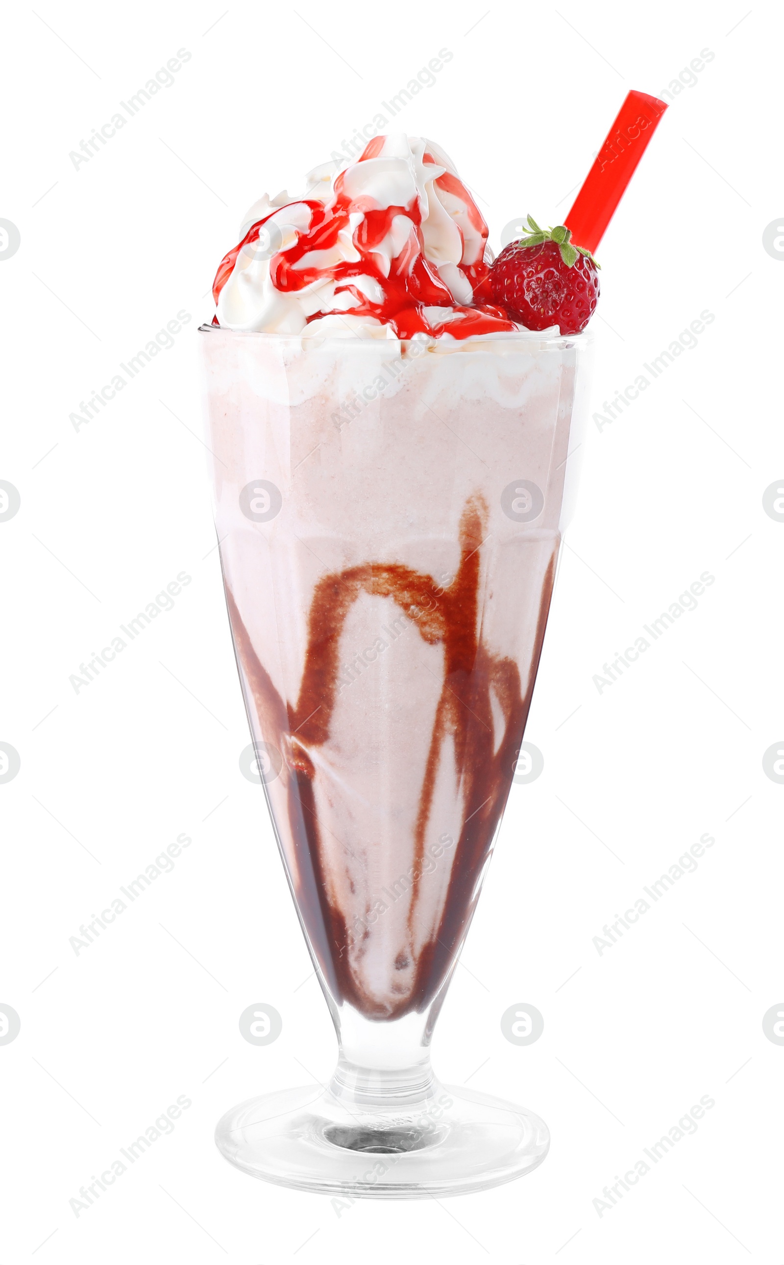 Photo of Tasty fresh milk shake in glass on white background