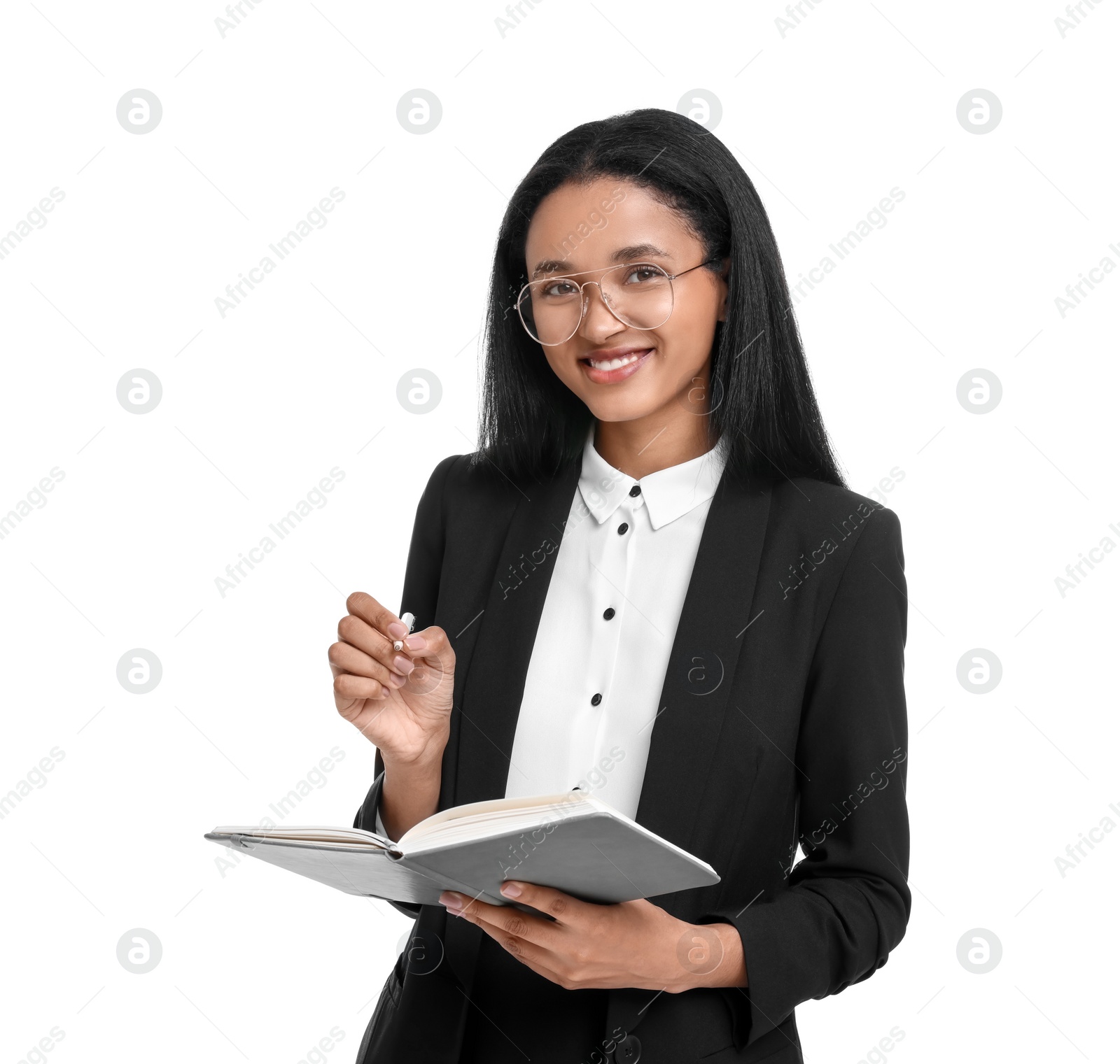 Photo of Beautiful secretary with notebook and pen on white background