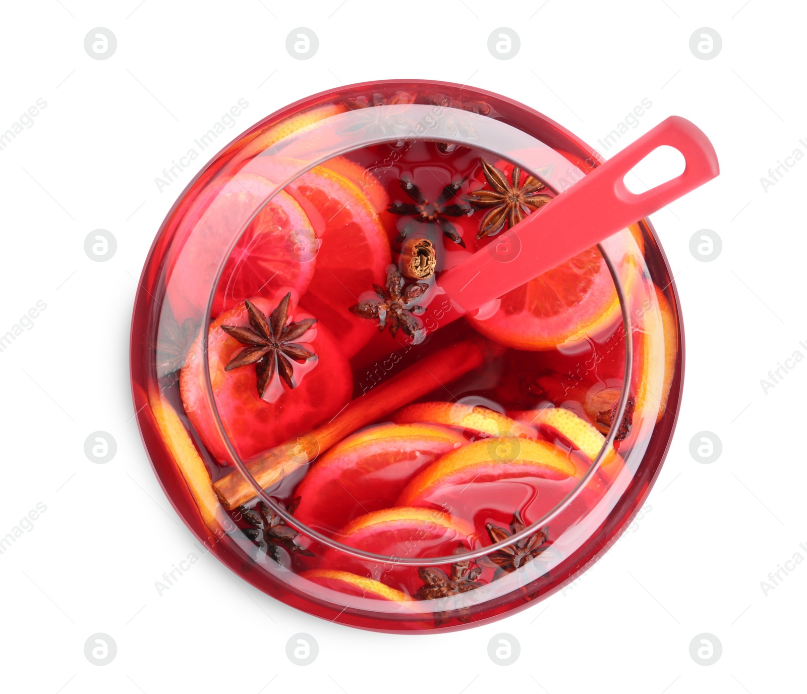 Photo of Glass bowl of delicious aromatic punch drink with ladle on white background, top view