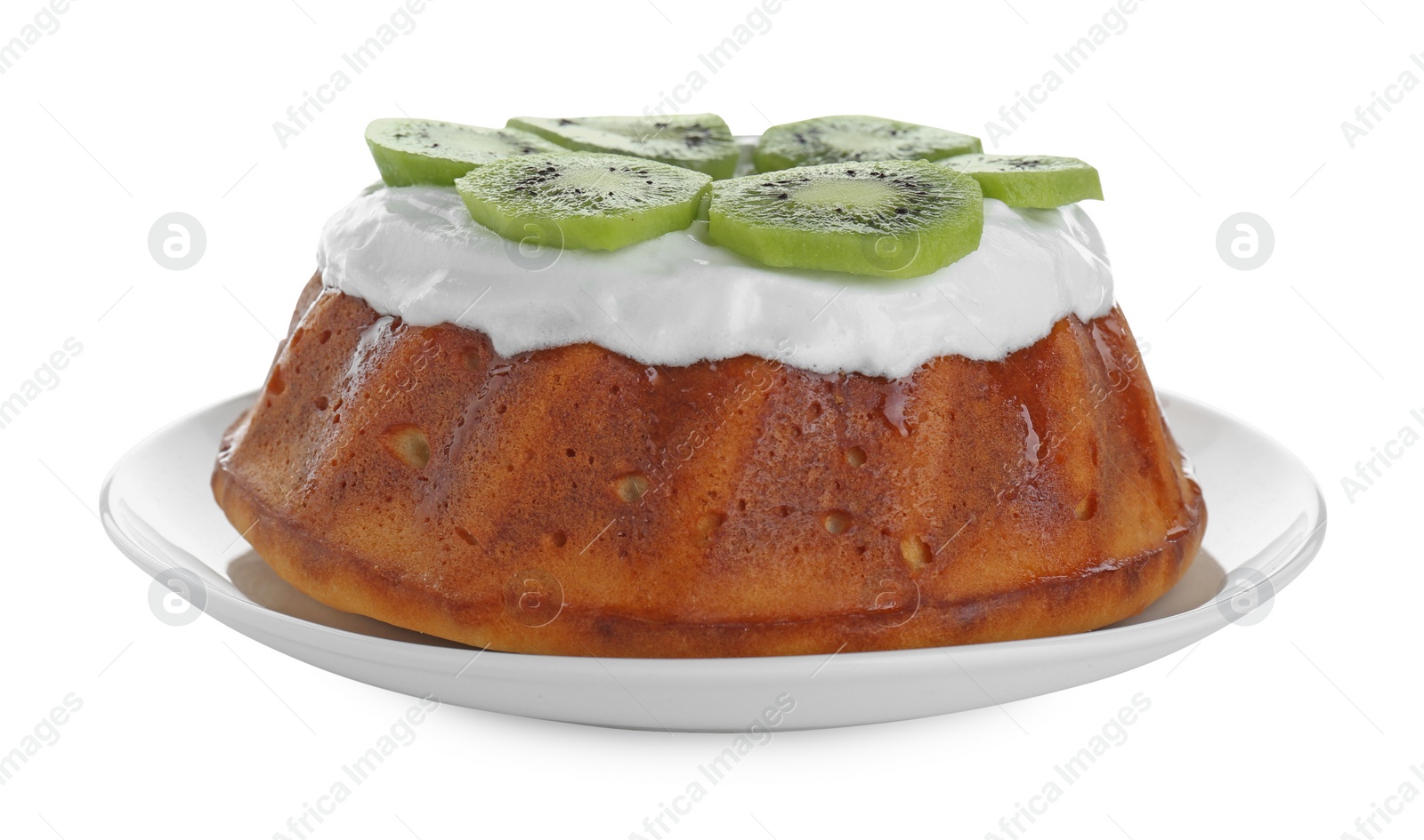 Photo of Homemade yogurt cake with kiwi and cream on white background