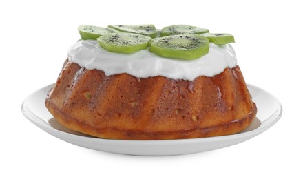 Photo of Homemade yogurt cake with kiwi and cream on white background