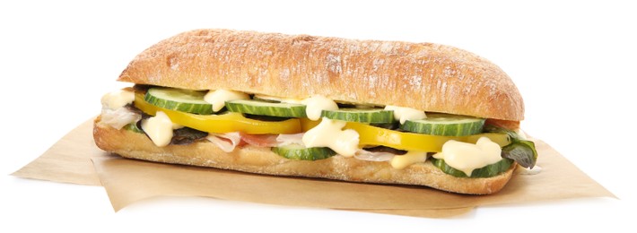 Photo of Delicious sandwich with vegetables, ham and mayonnaise