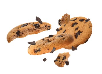 Image of Tasty chocolate chip cookies falling on white background