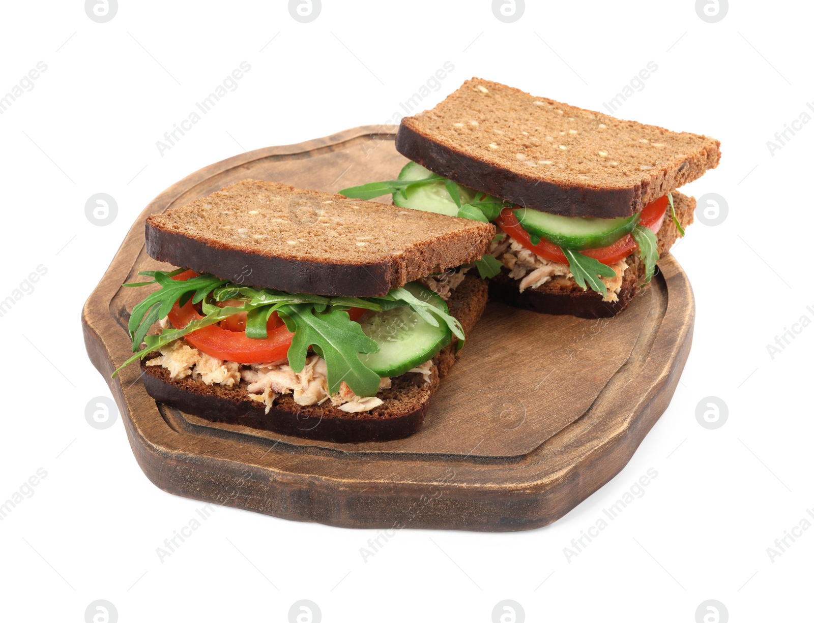 Photo of Delicious sandwiches with tuna and vegetables on white background