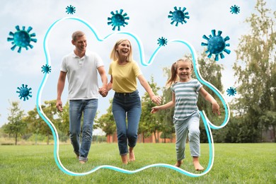 Image of Happy family with strong immunity running outdoors. Outline around them blocking viruses, illustration