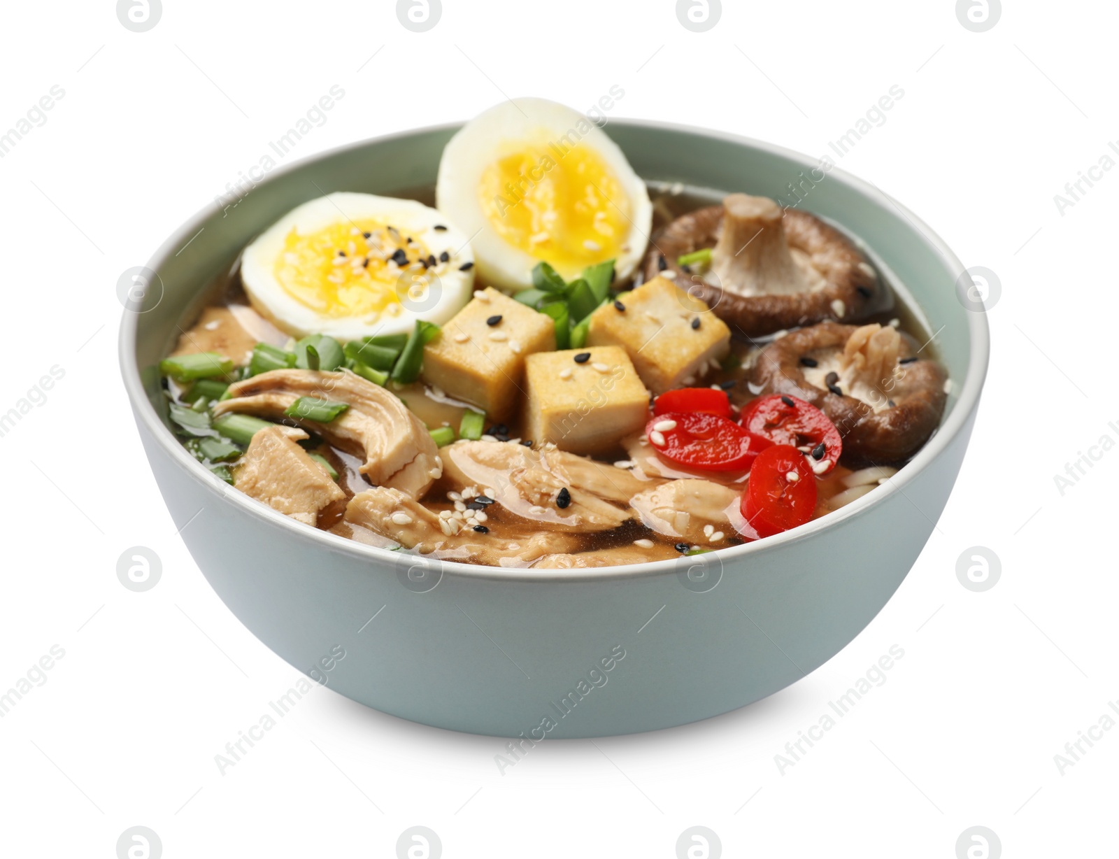 Photo of Bowl of delicious ramen isolated on white. Noodle soup