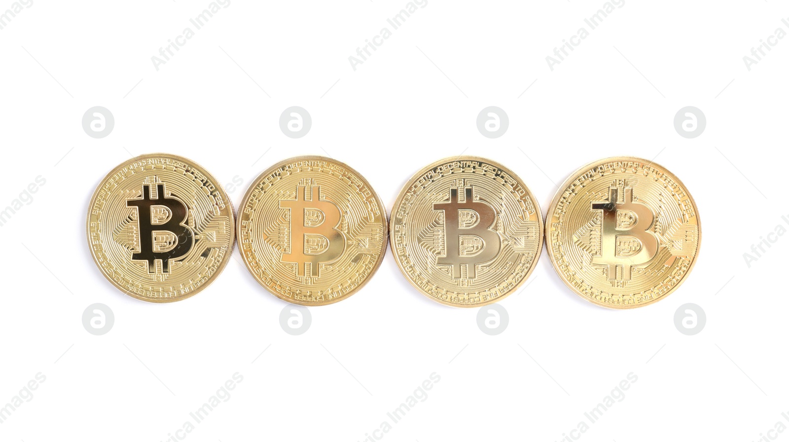 Photo of Row of bitcoins isolated on white, top view. Digital currency