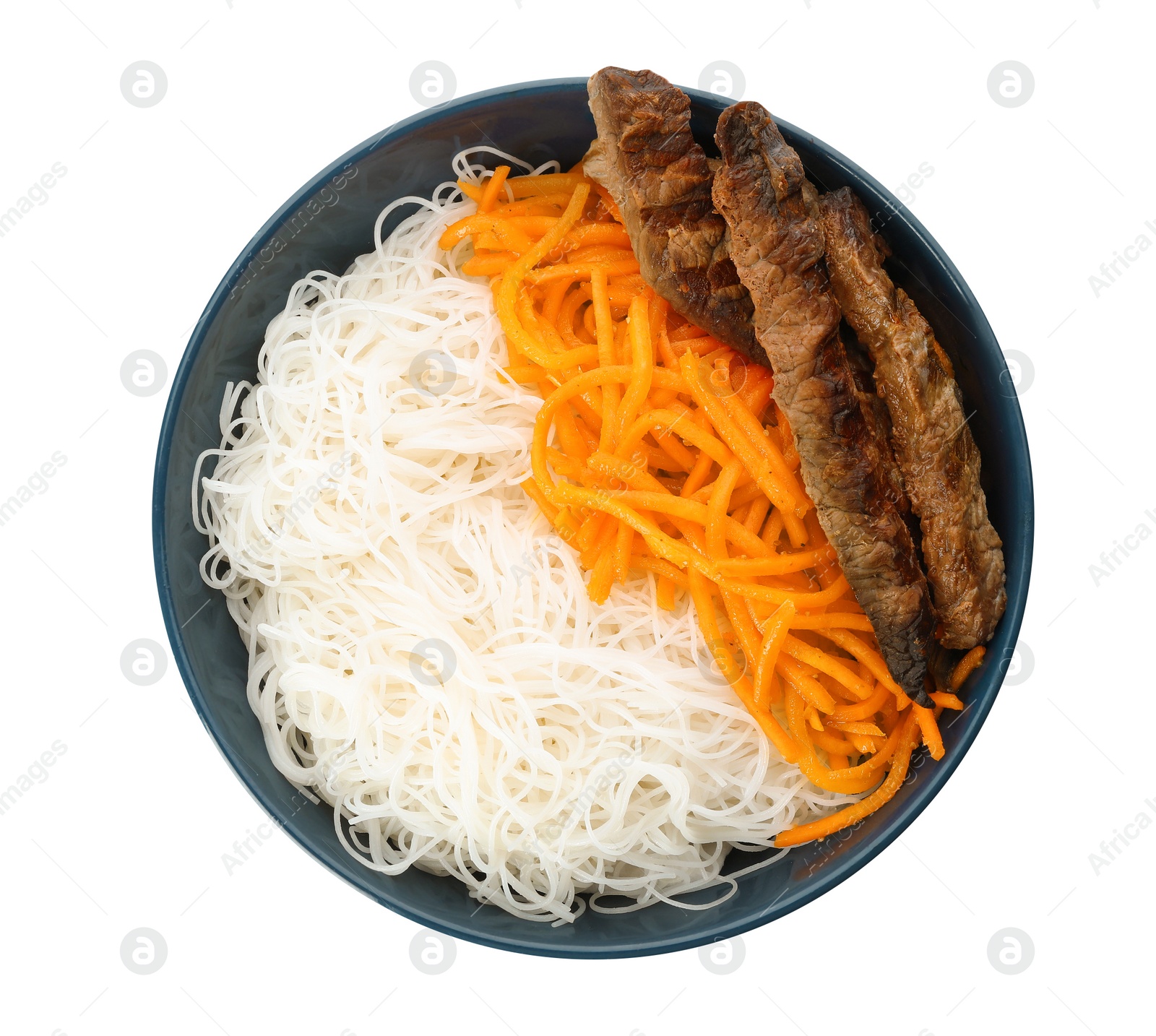 Photo of Tasty cooked rice noodles with meat and carrot isolated on white, top view