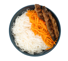 Photo of Tasty cooked rice noodles with meat and carrot isolated on white, top view