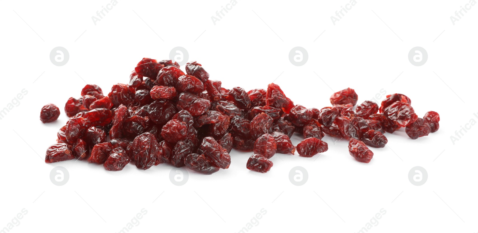 Photo of Pile of tasty dried cranberries isolated on white