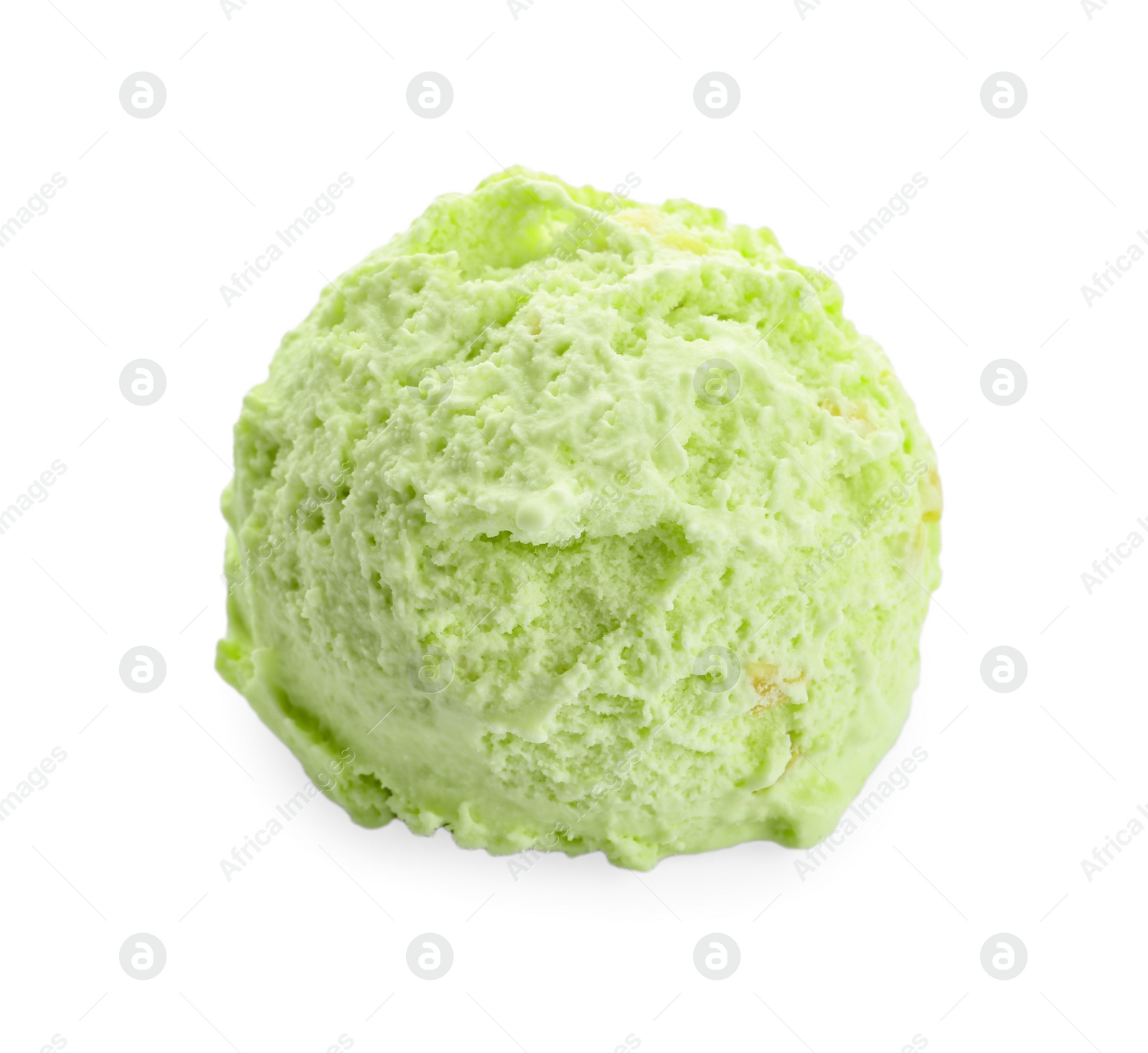 Photo of Scoop of delicious pistachio ice cream on white background, top view