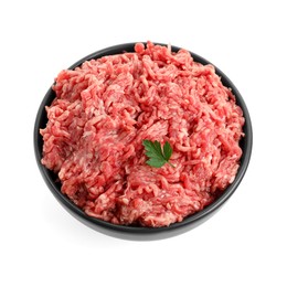 Raw ground meat and parsley in bowl isolated on white, top view