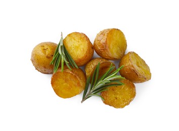 Tasty baked potato and aromatic rosemary on white background, top view