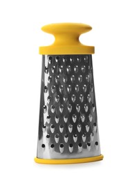 Photo of Stainless steel grater on white background. Kitchen utensil