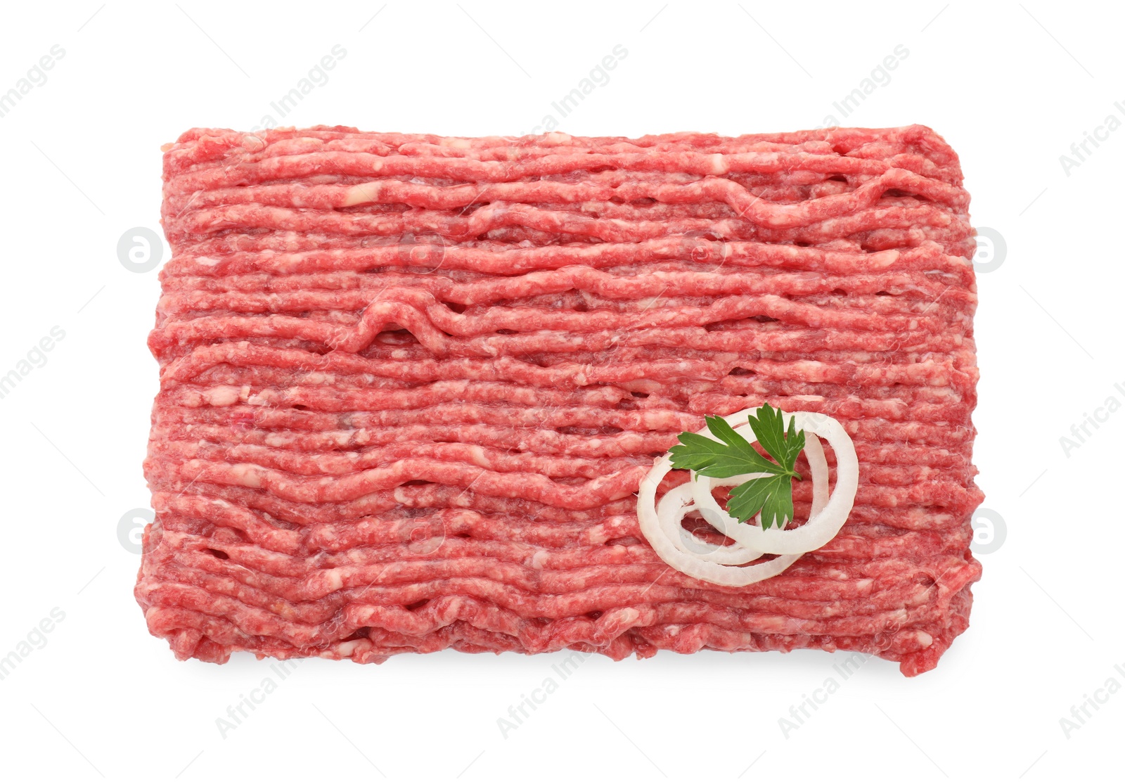 Photo of Raw ground meat, onion and parsley isolated on white, top view