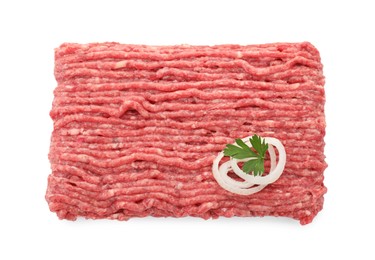 Raw ground meat, onion and parsley isolated on white, top view