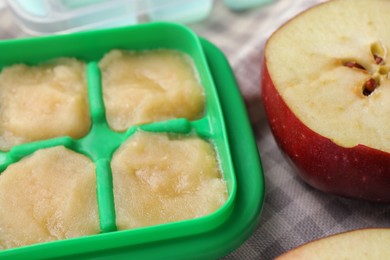 Photo of Apple puree in ice cube tray with ingredients on table, closeup