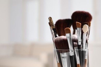 Photo of Setprofessional brushes against blurred background, closeup. Space for text