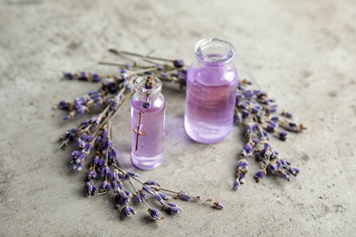 Natural herbal oil in glass bottles and lavender flowers on color background