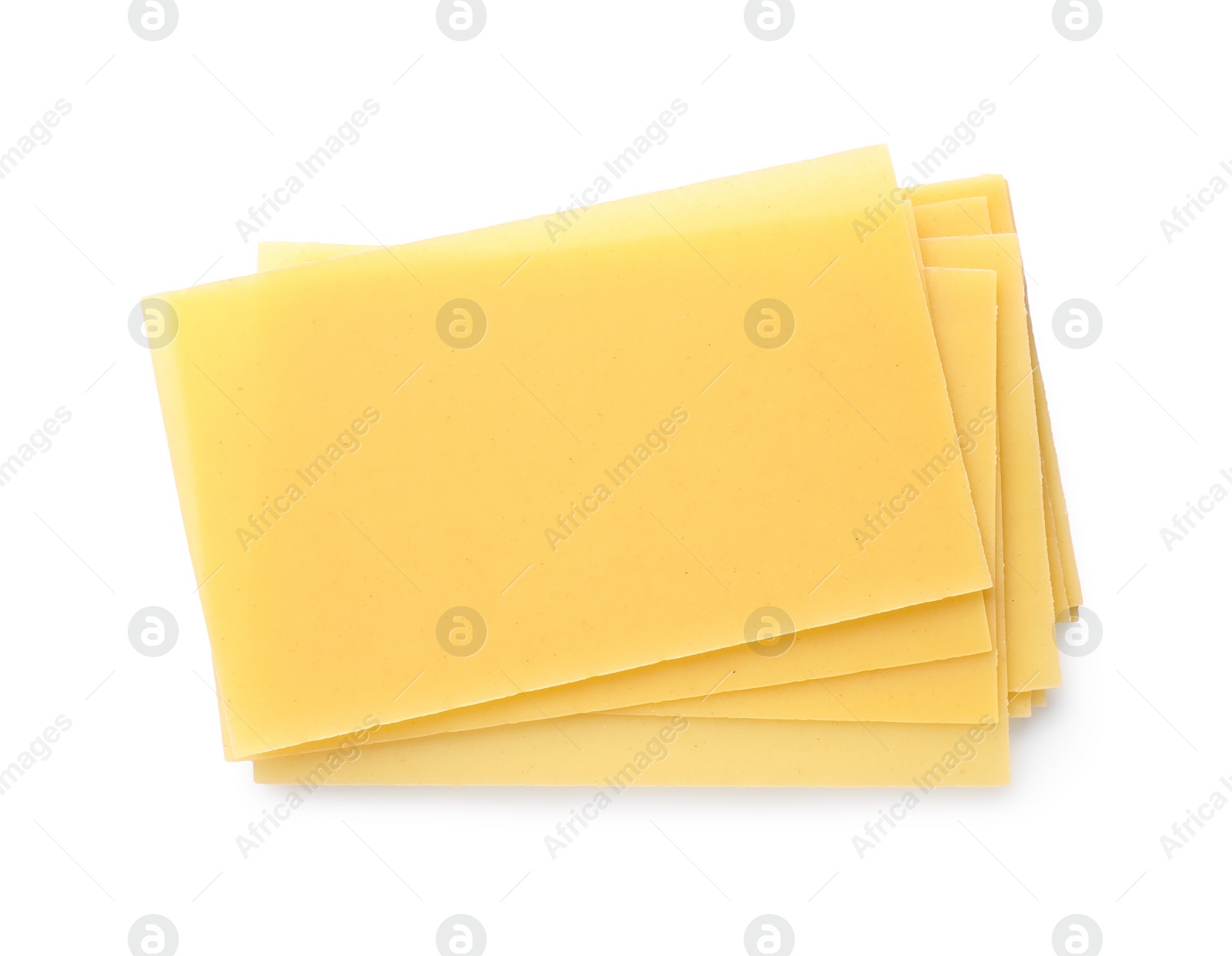 Photo of Stack of uncooked lasagna sheets isolated on white, top view