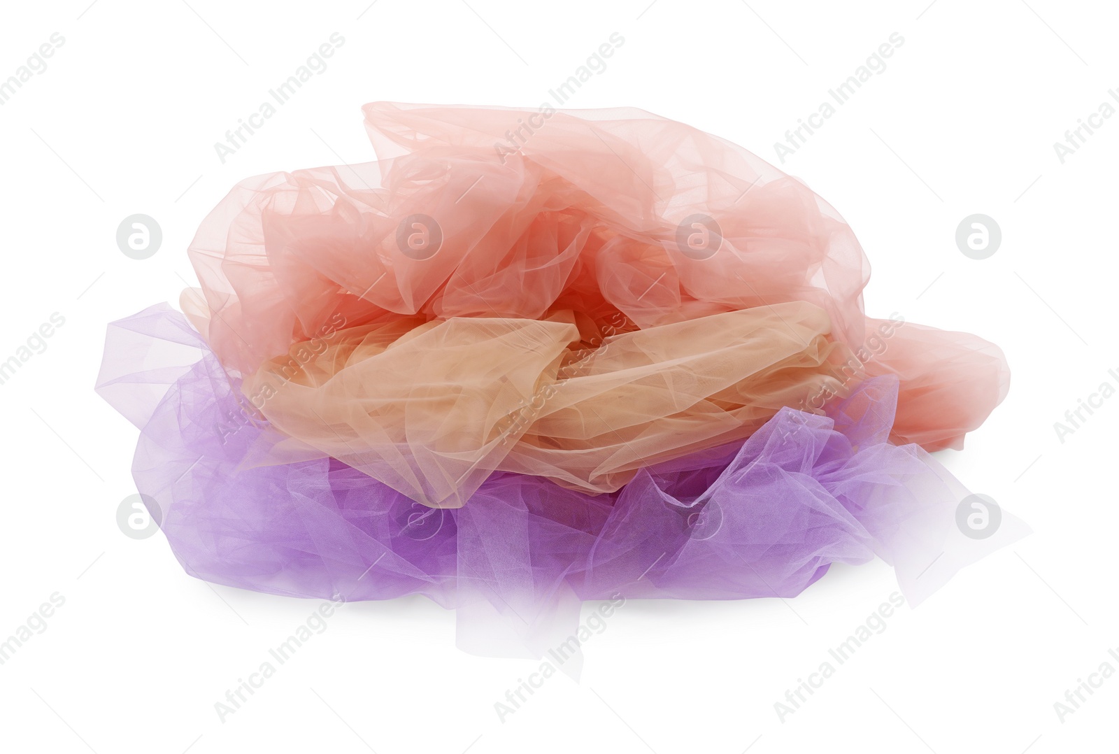 Photo of Beautiful colorful tulle fabrics on white background