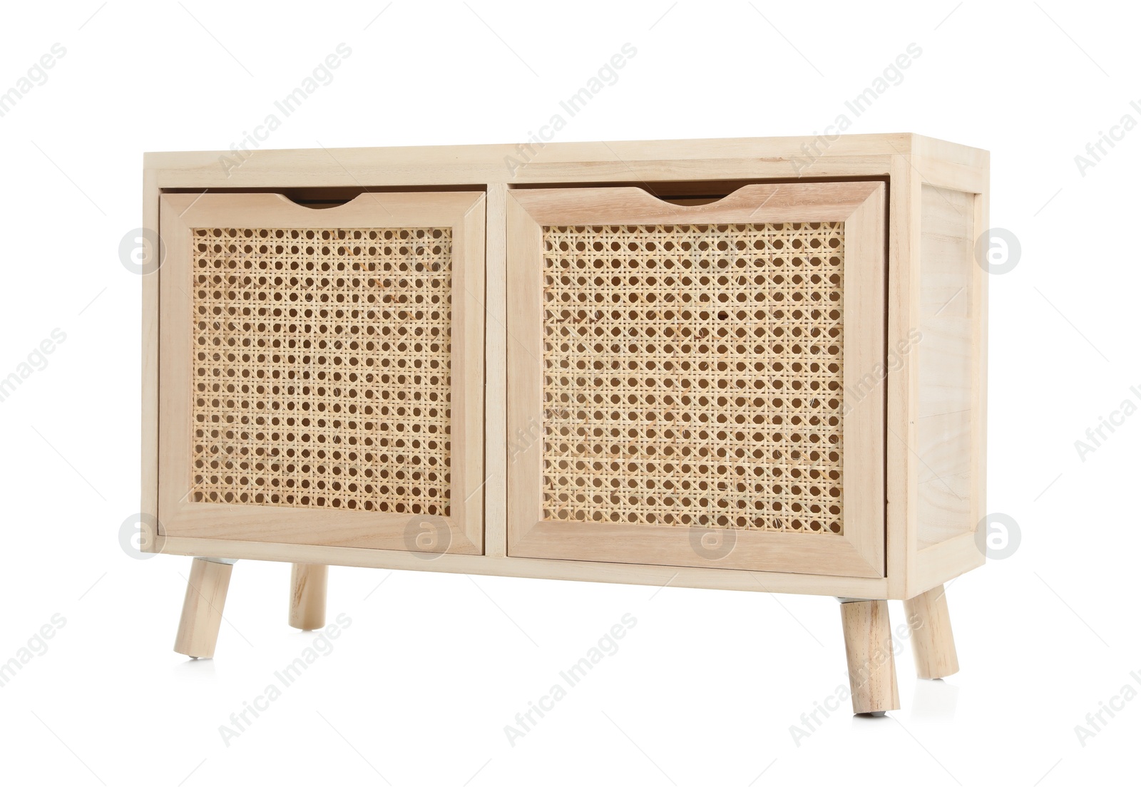 Photo of New wooden commode on white background. Interior element