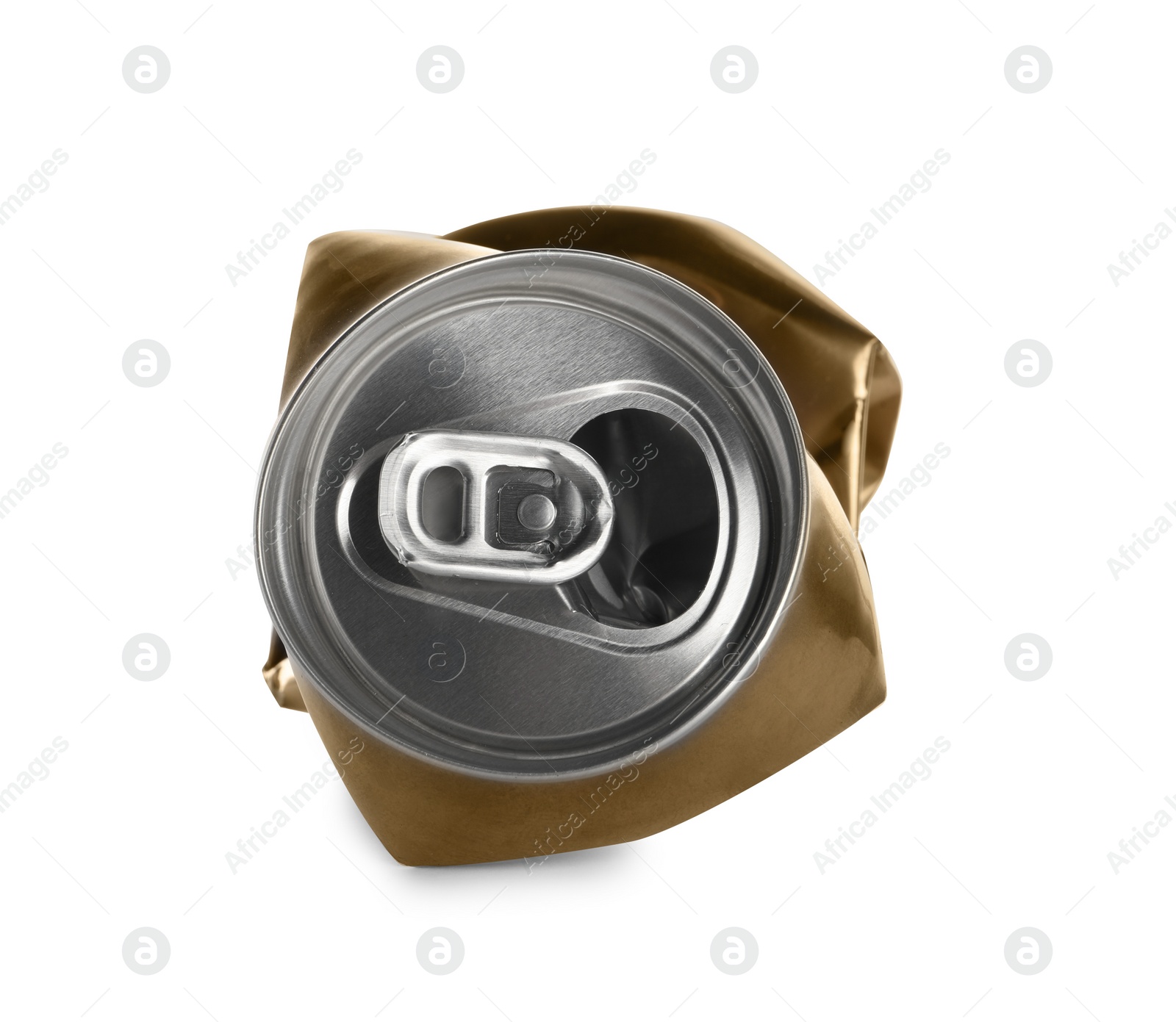 Photo of Golden crumpled can with ring isolated on white