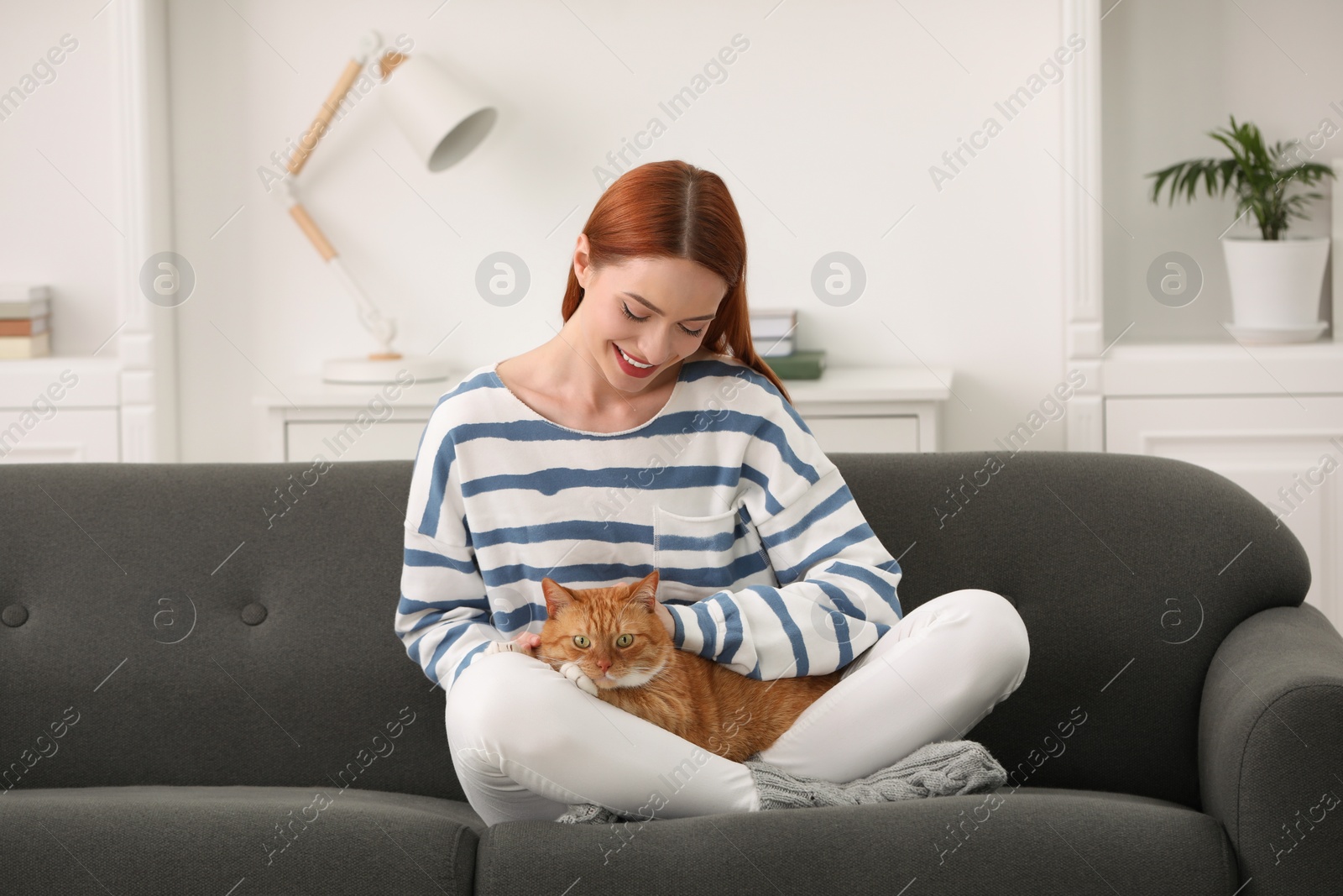 Photo of Happy woman with her cute cat on sofa at home