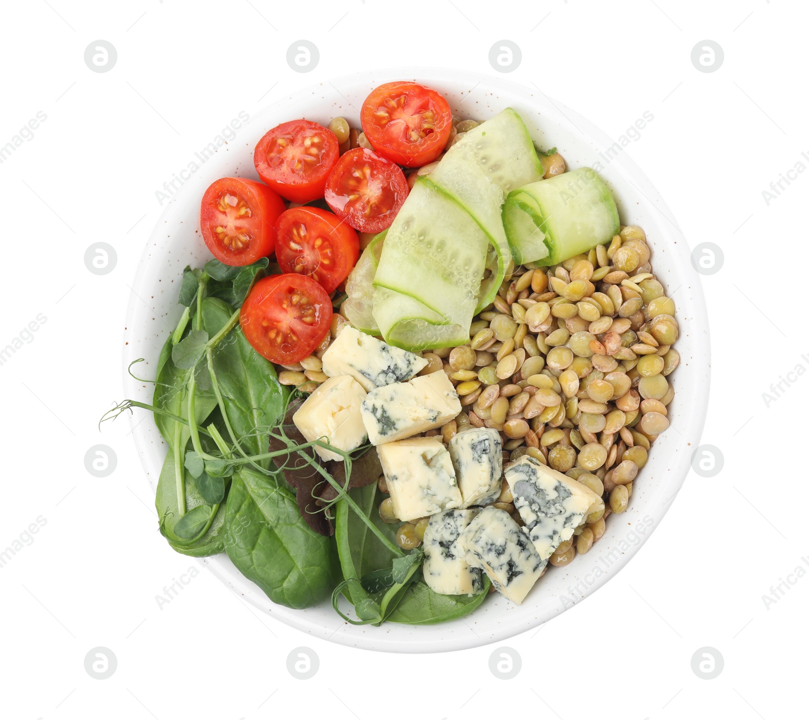 Photo of Delicious lentil bowl with blue cheese, tomatoes and cucumber on white background, top view