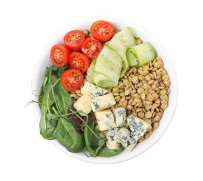 Photo of Delicious lentil bowl with blue cheese, tomatoes and cucumber on white background, top view