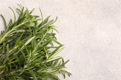 Photo of Fresh rosemary on light textured table, top view. Space for text