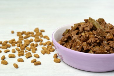 Photo of Dry and wet pet food on white table