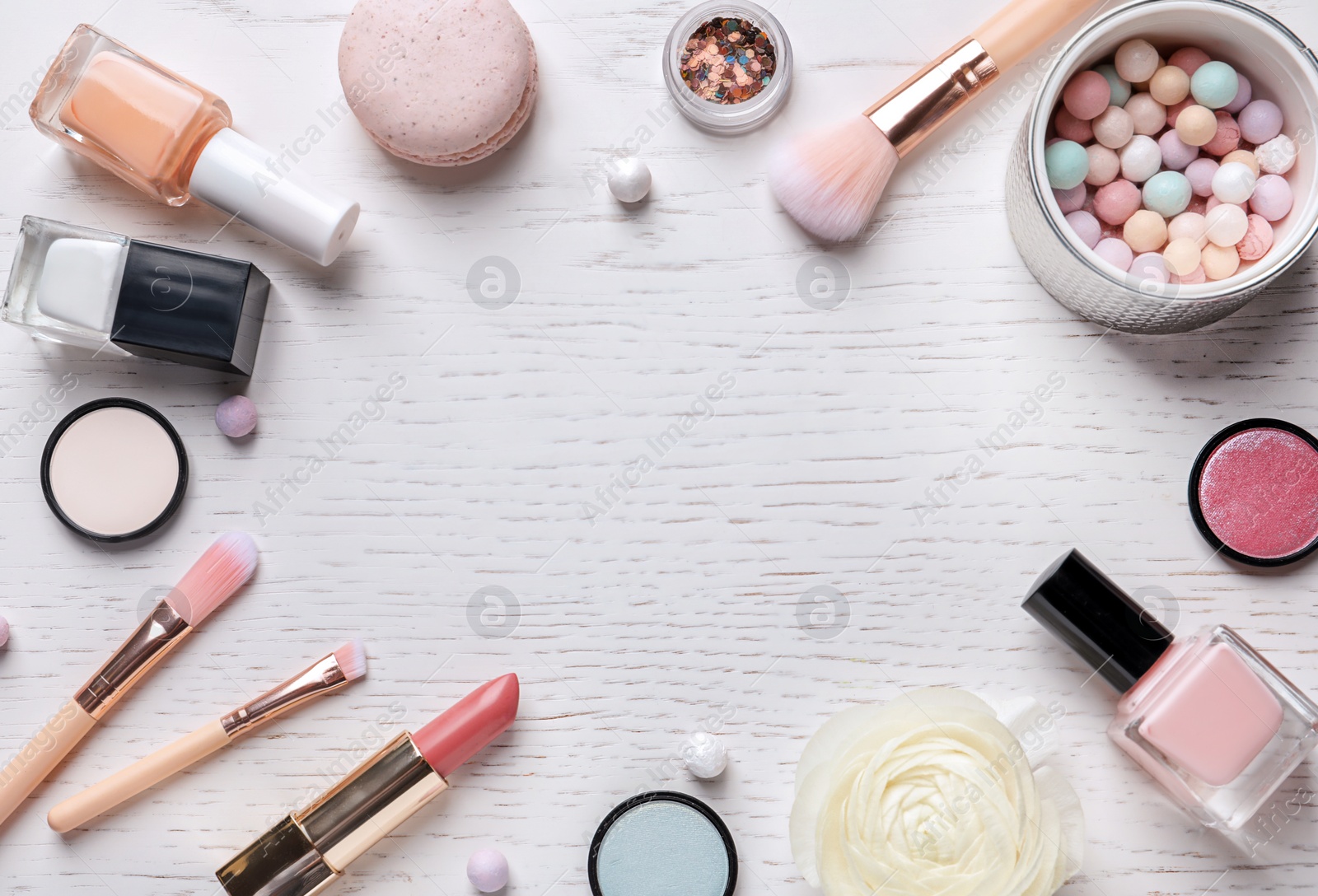 Photo of Flat lay composition with decorative cosmetics on light background