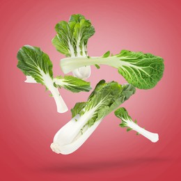 Fresh green pak choy cabbages falling on red background