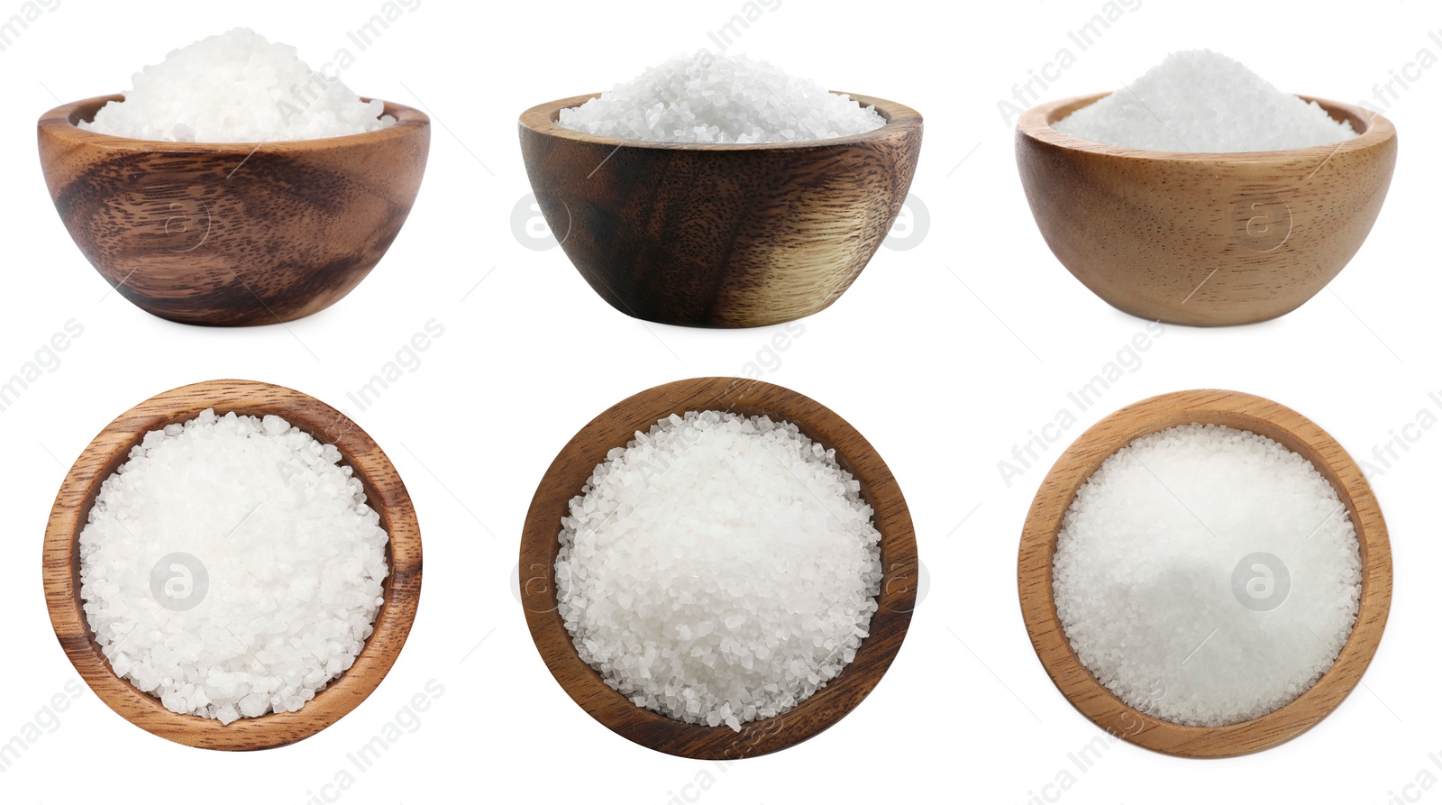 Image of Set of natural salt in wooden bowls isolated on white, side and top views