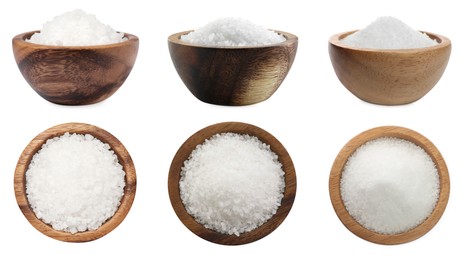 Set of natural salt in wooden bowls isolated on white, side and top views