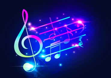 Illustration of Bright staff with music notes and other musical symbols on blue background