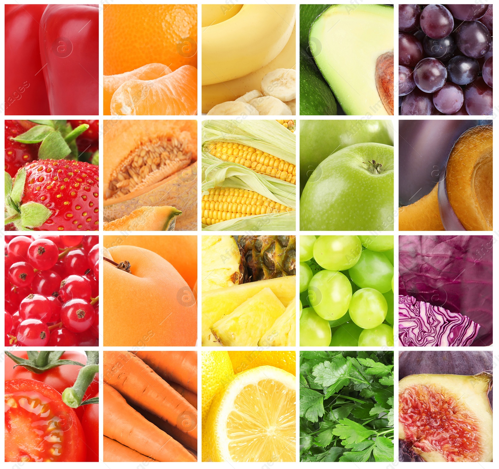 Image of Different fresh fruits, vegetables and berries, collage 