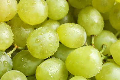 Photo of Fresh ripe juicy white grapes as background, closeup view