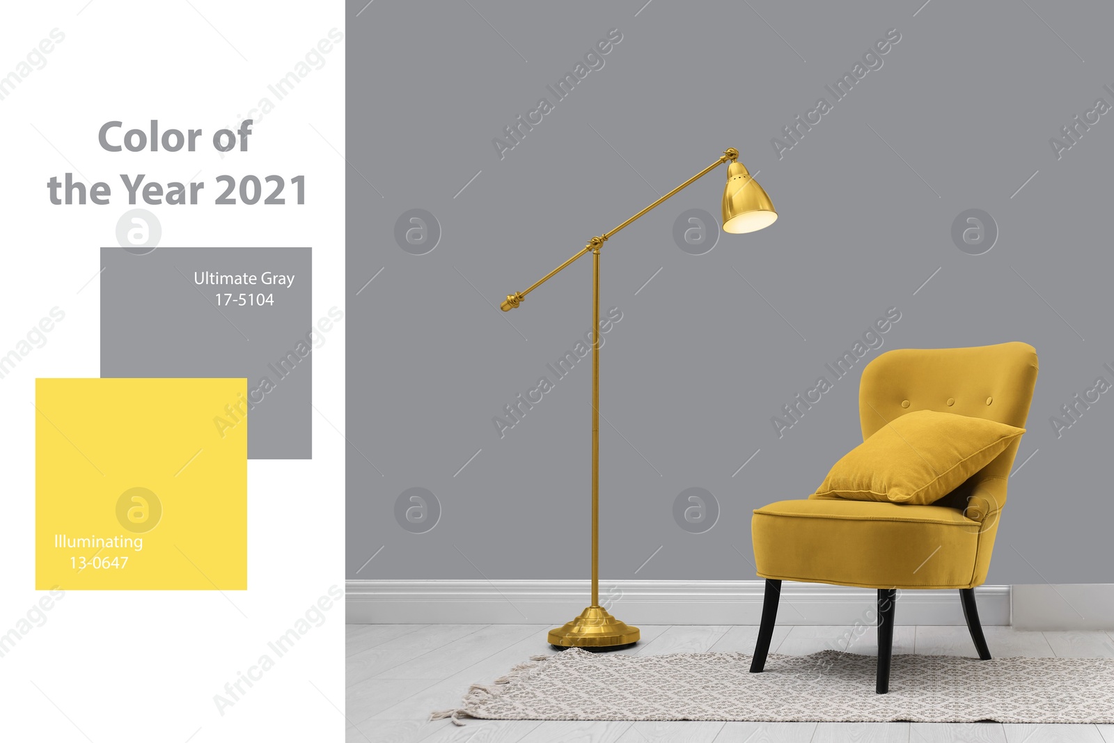 Image of Color of the year 2021. Stylish yellow armchair with cushion, rug and lamp indoors