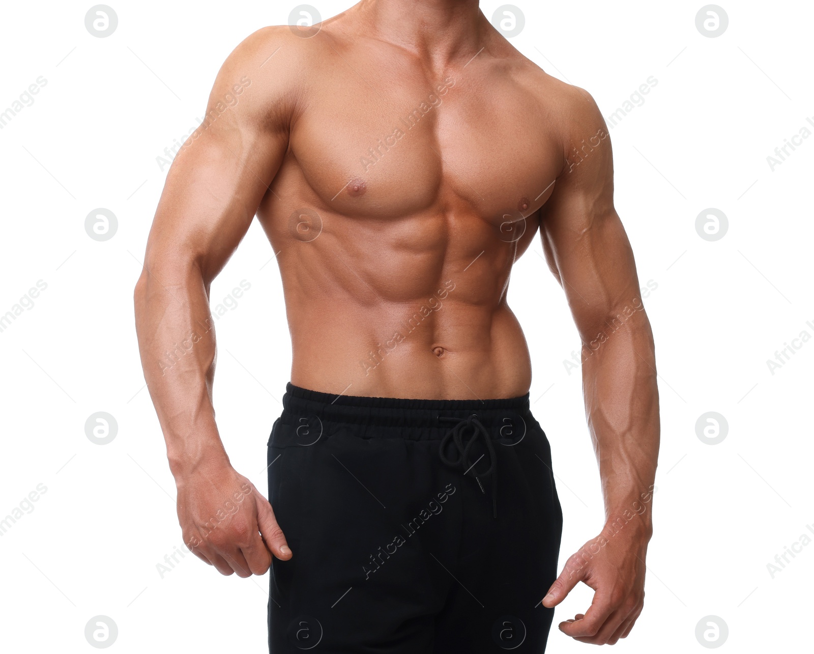 Photo of Young bodybuilder with muscular body on white background, closeup